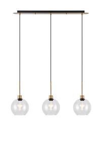 DK1209  Lori Linear Pendant, 3 Light Adjustable E27, Antique Gold/Clear Open Mouth Round Globe Shades